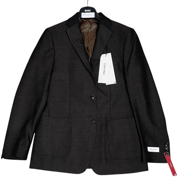 Calvin Klein Men Slim Fit Wool Woven Herringbone Sport Coat Blazer Brown 41L New - Picture 1 of 3